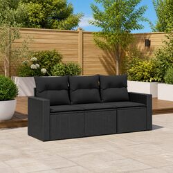 3 Piece Outdoor Garden Sofa Set with Cushions Black Poly Rattan Patio Furniture