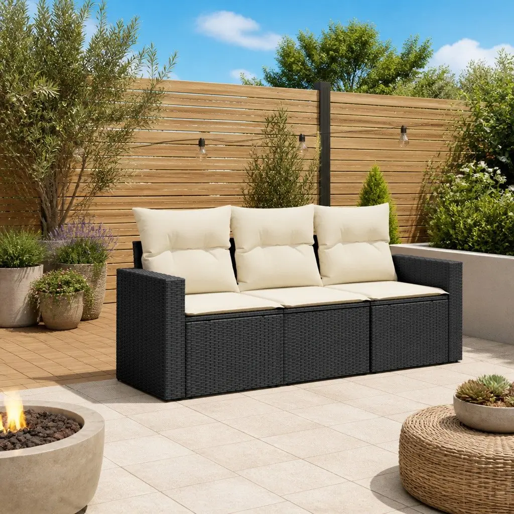 Garden Sofa Set 3 Piece Outdoor Furniture Black Poly Rattan with Cushions Patio