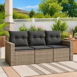 Garden Sofa Set - 3 Pieces, Grey Poly Rattan Construction