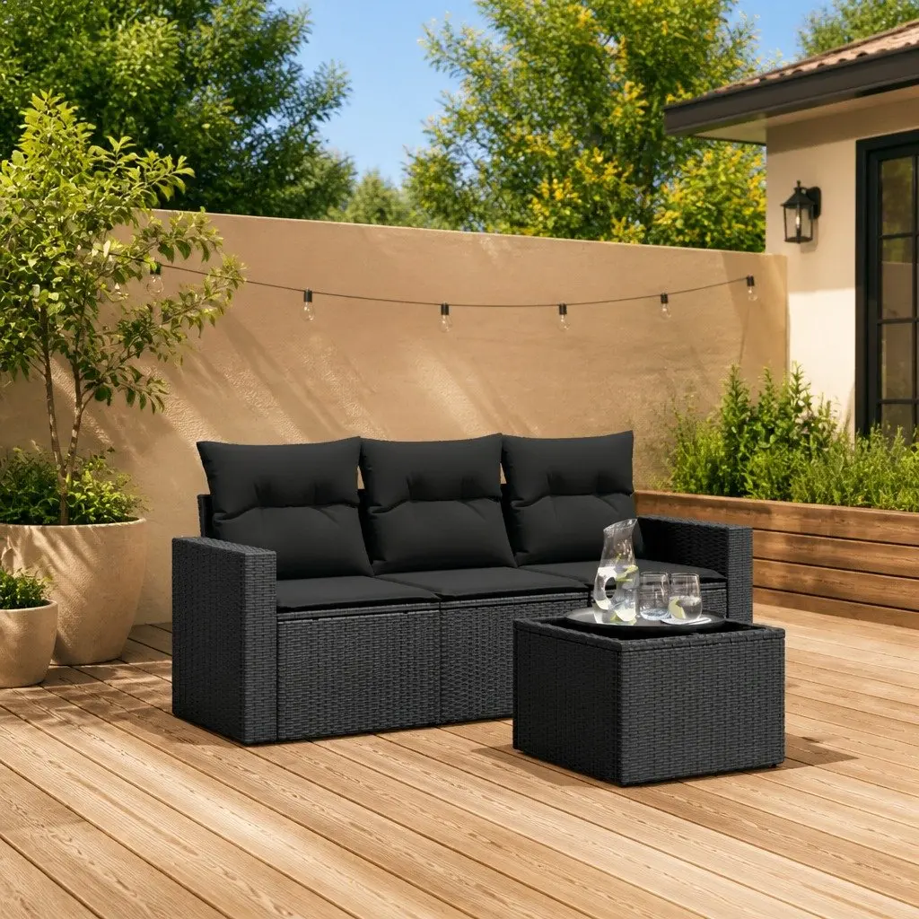 Garden Sofa Set Outdoor Furniture 4 Piece Black Poly Rattan with Cushions