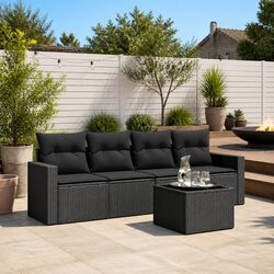 5 Piece Garden Sofa Set Black Poly Rattan Outdoor Furniture with Cushions Glass