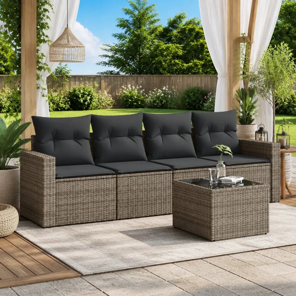 Garden Sofa Set Outdoor Use 5 Piece Grey Poly Rattan with Cushions