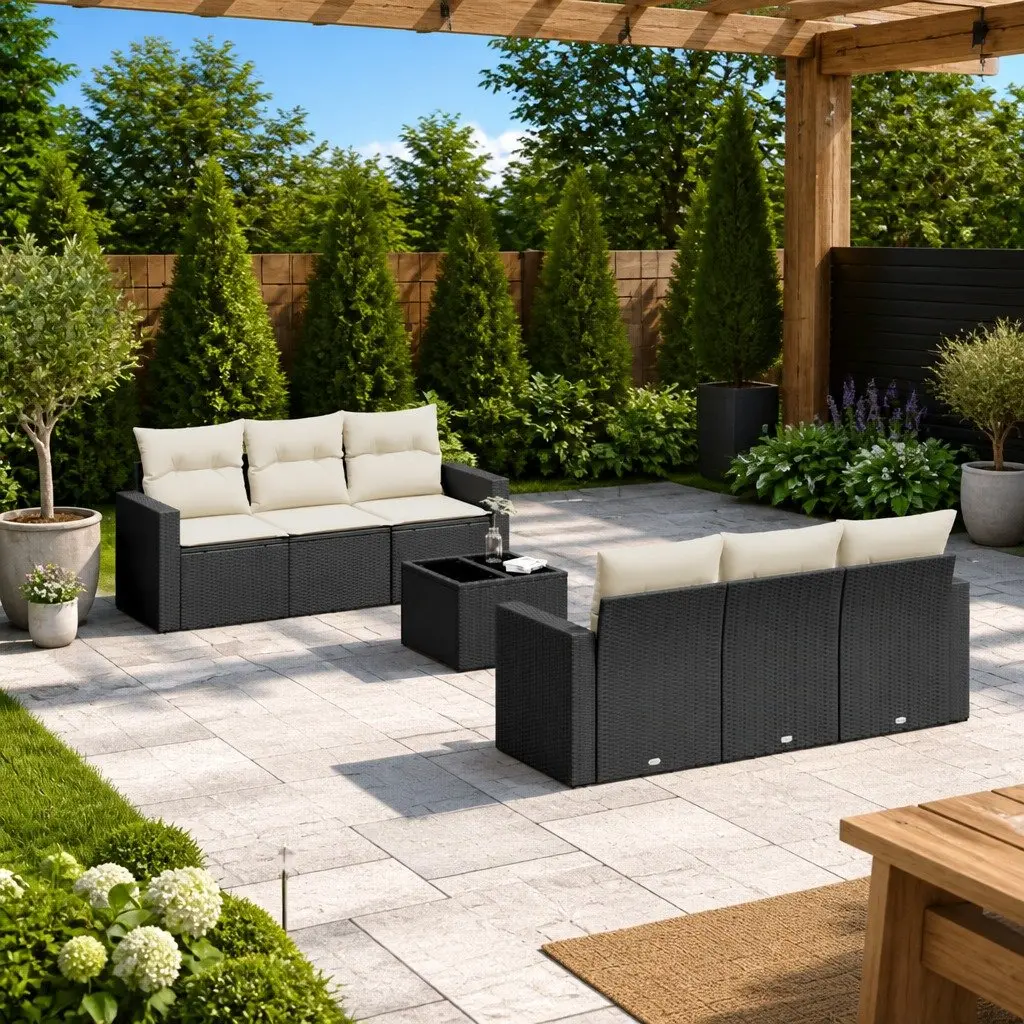 7 Piece Garden Sofa Set Outdoor Patio Furniture with Cushions Black Poly Rattan