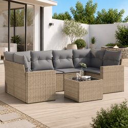 7 Piece Modular Garden Sofa Set - PE Rattan & Glass Top