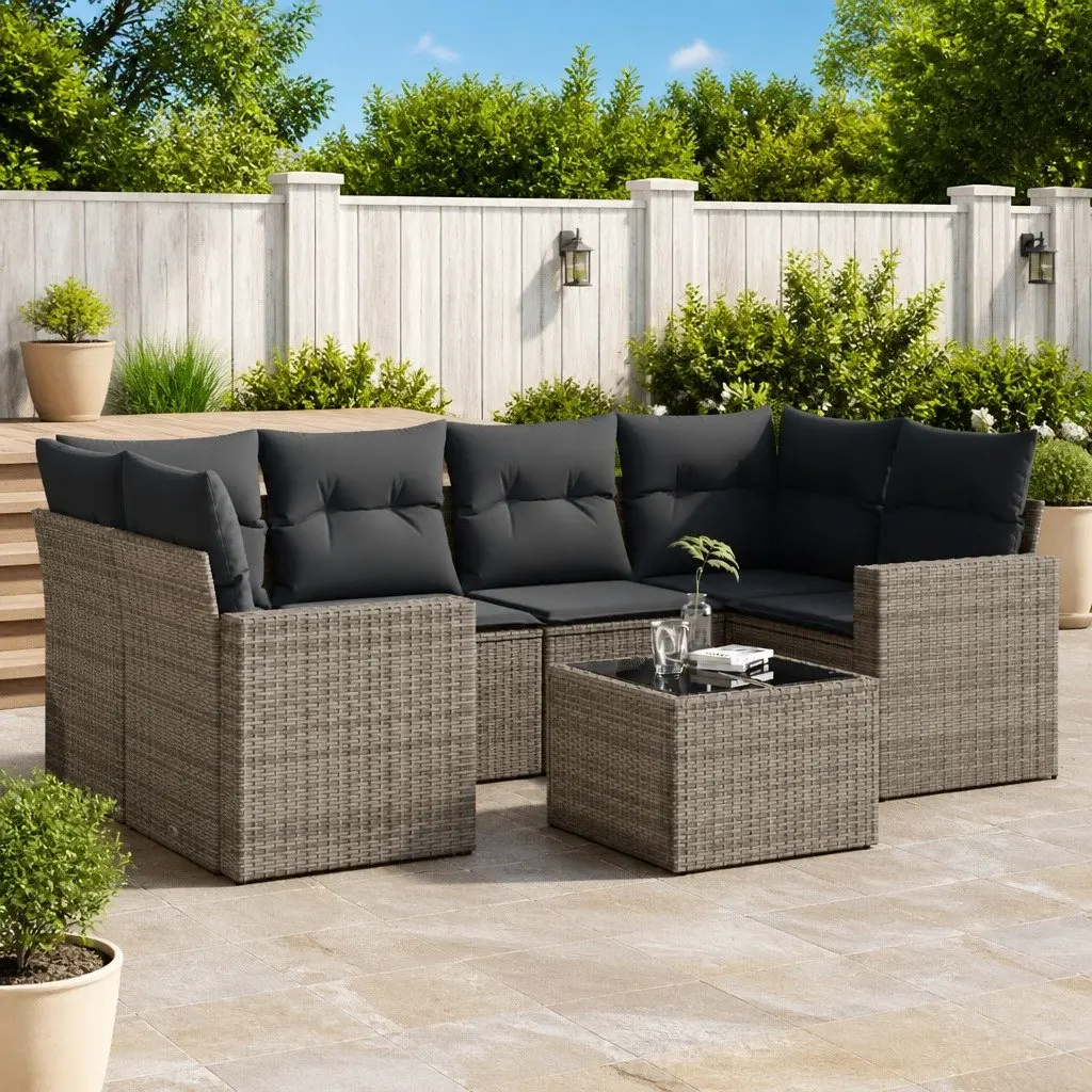 7 Piece Modular Outdoor Sofa Set Grey Poly Rattan Patio Furniture with Cushions