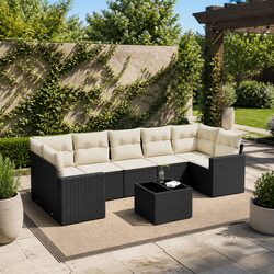 Garden Sofa Set 8 Piece Outdoor Furniture Black Poly Rattan with Cushions Patio