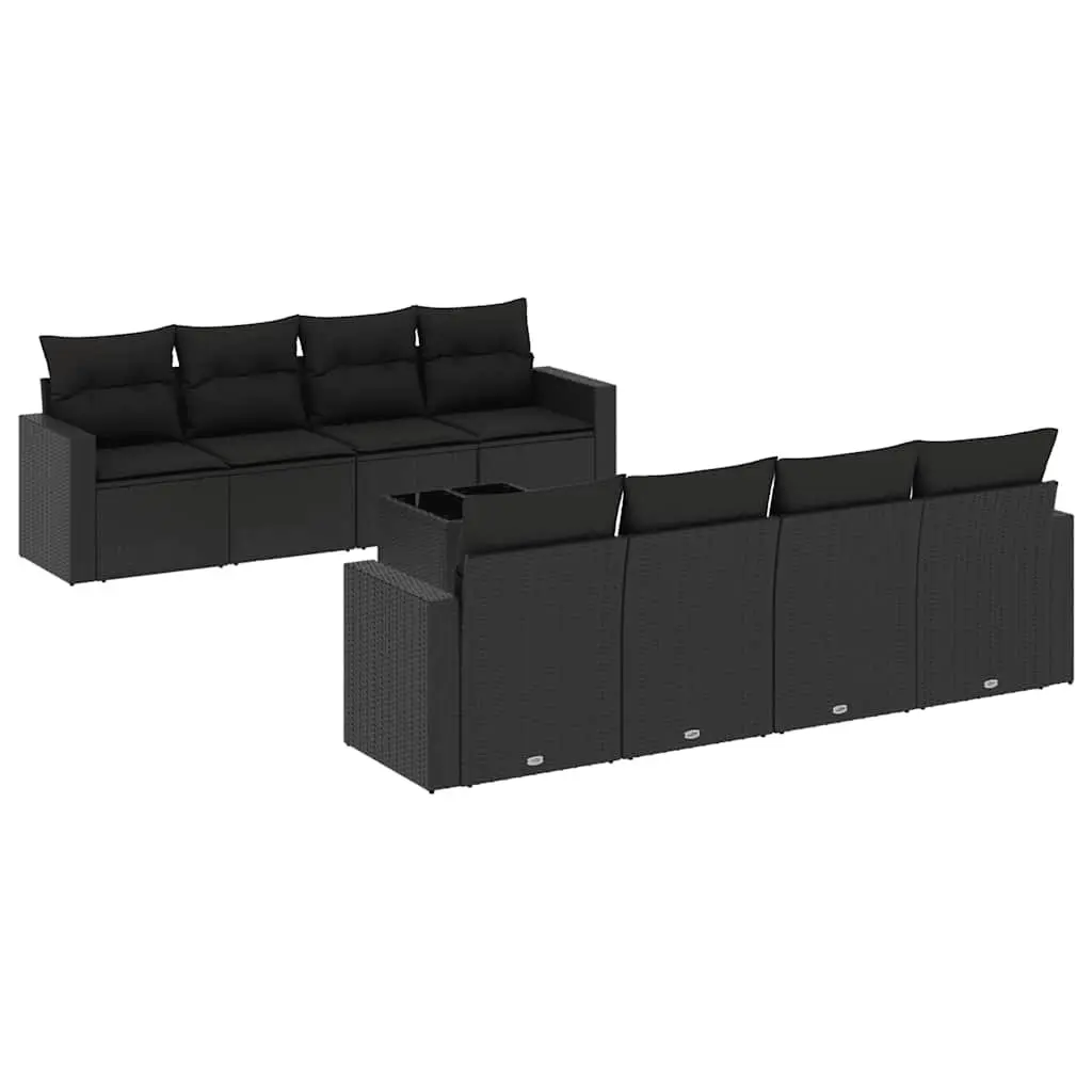 9 Piece Outdoor Garden Sofa Set with Cushions Black Poly Rattan Patio Furniture