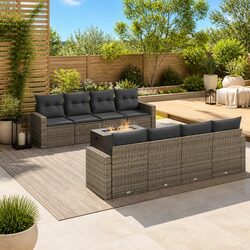 Garden Sofa Set 9 Pieces Grey Rattan with Cushions Specs