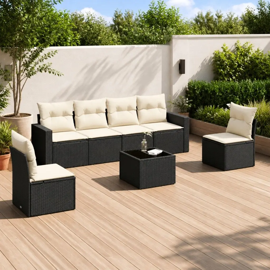 7-Piece Black Poly Rattan Garden Sofa Set