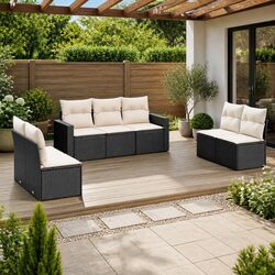 Garden Sofa Set 7 Piece Outdoor Furniture Black Poly Rattan with Cushions