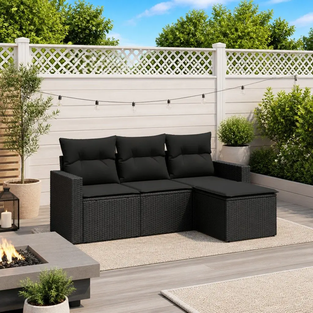 Outdoor Garden Sofa Set 4 Piece Black Poly Rattan Patio Furniture