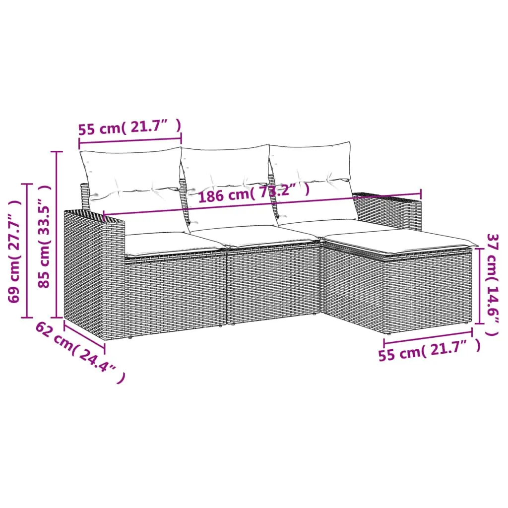 Outdoor Garden Sofa Set 4 Piece Black Poly Rattan Cushions Patio Furniture