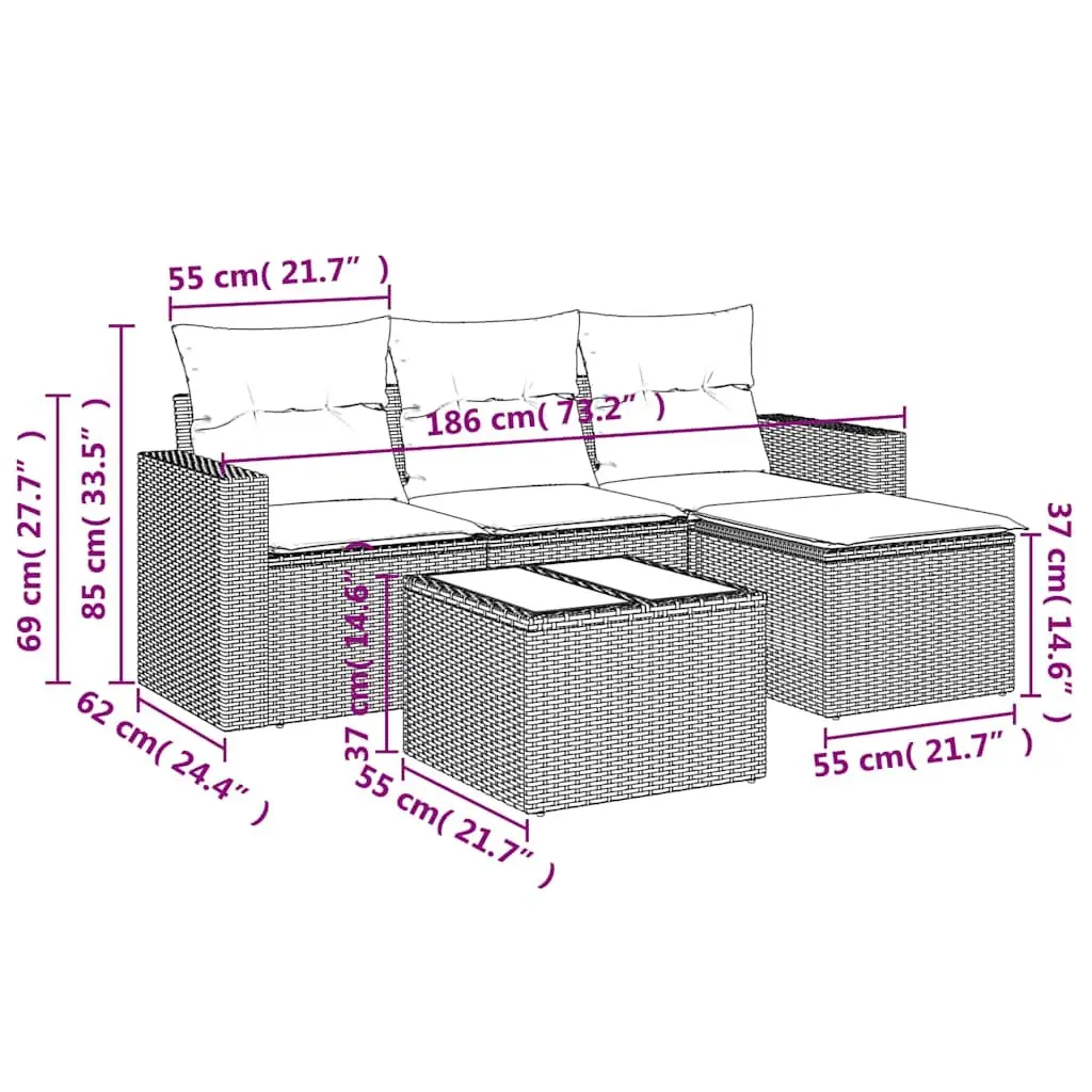 Outdoor Garden Sofa Set 5 Piece Black Poly Rattan Furniture for Patio