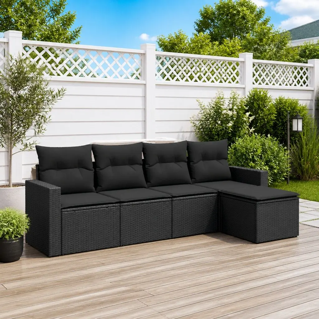 5 Piece Garden Sofa Set Outdoor Furniture Black Poly Rattan with Cushions