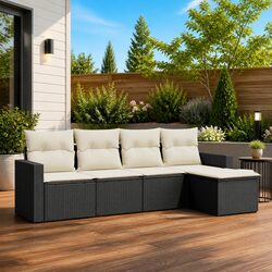 5 Piece Outdoor Garden Sofa Set with Cushions Black Poly Rattan Patio Furniture