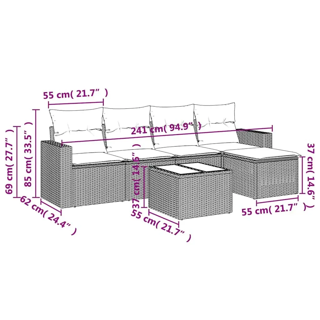 6 Piece Modular Outdoor Sofa Set with Black Cushions