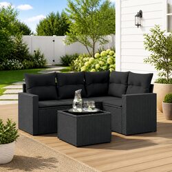 5 Piece Garden Sofa Set Outdoor Patio Furniture with Cushions Black Poly Rattan