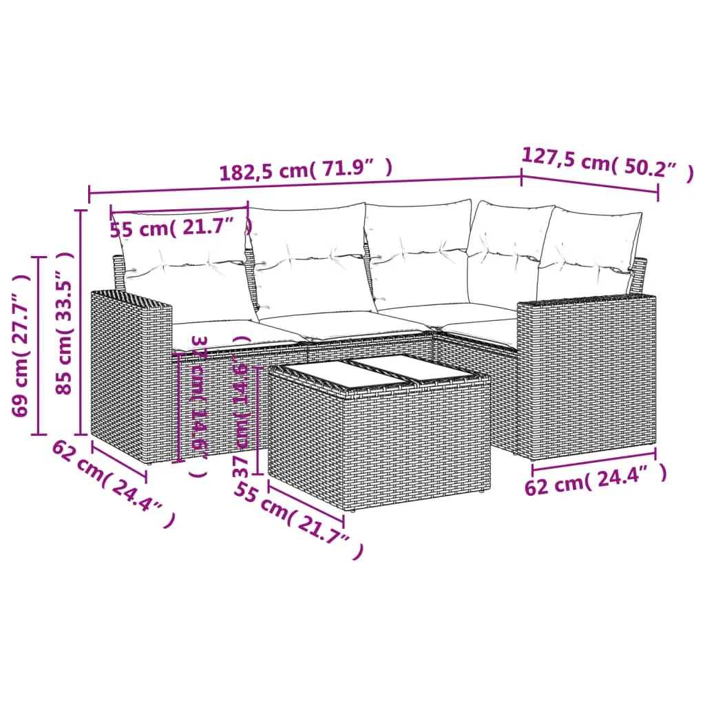 Garden Sofa Set 5 Piece Outdoor Furniture Patio Rattan Sectional with Cushions