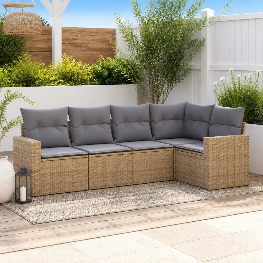 5 Piece Garden Sofa Set Outdoor Patio Furniture with Cushions Beige Rattan