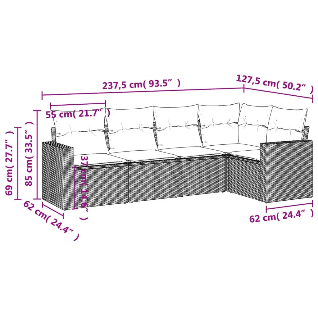 Garden Sofa Set 5 Piece Outdoor Furniture Grey Patio Rattan Modular Seating