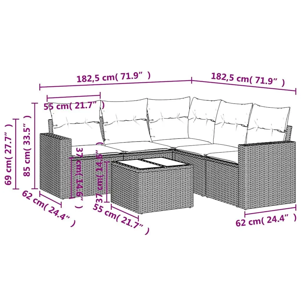 Black Rattan 6 Piece Outdoor Sofa Set for Patio with Cushions