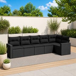 6 Piece Garden Sofa Set Outdoor Patio Furniture Black Poly Rattan with Cushions