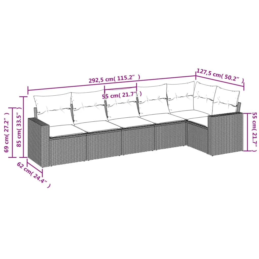 Garden Sofa Set 6 Piece Outdoor Furniture Grey Poly Rattan Patio Lounge with