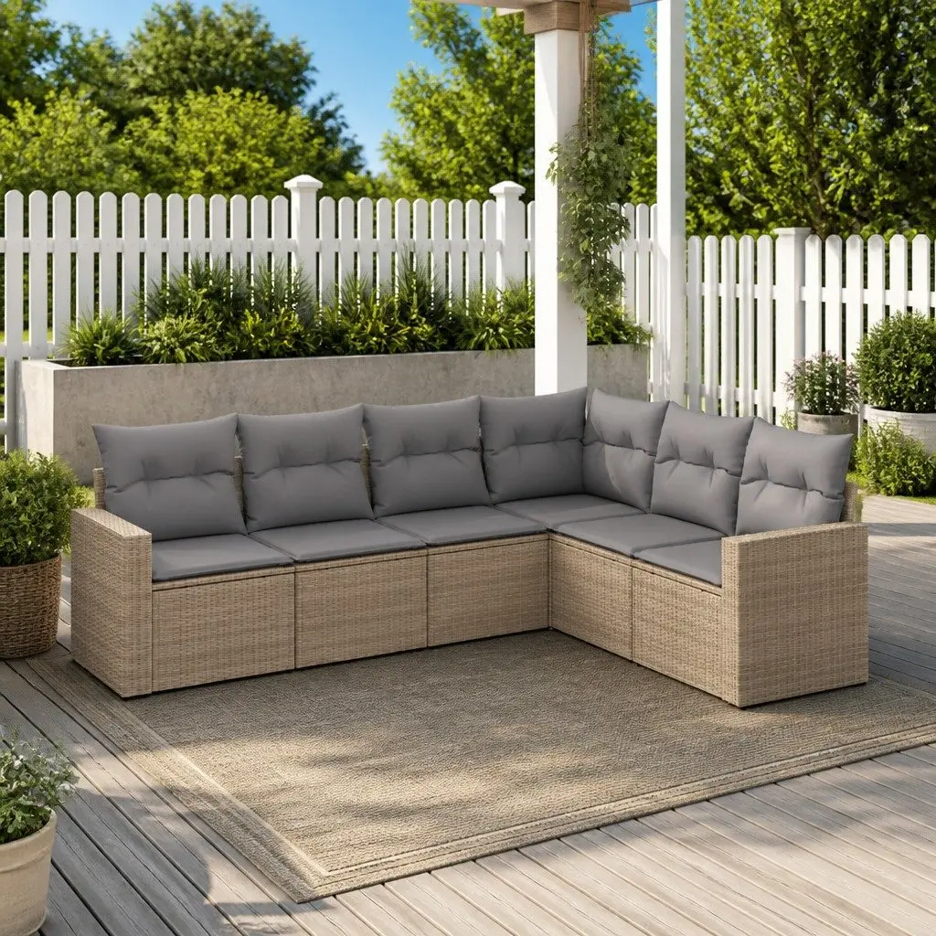 Garden Sofa Set 6 Piece Outdoor Patio Furniture Beige Poly Rattan with Cushions