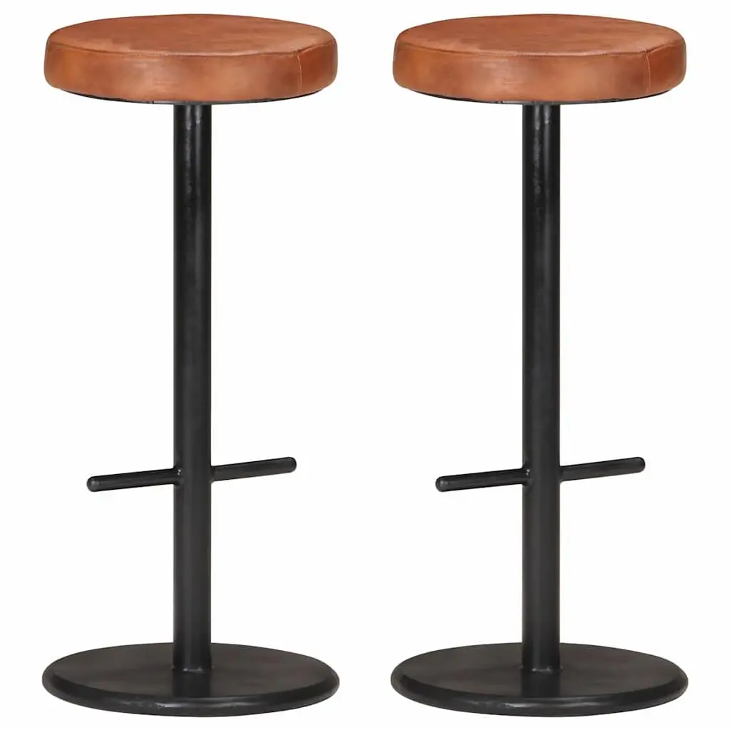 Bar Stools Kitchen Dining Room 2 Piece Brown Real Leather Seats Footrest