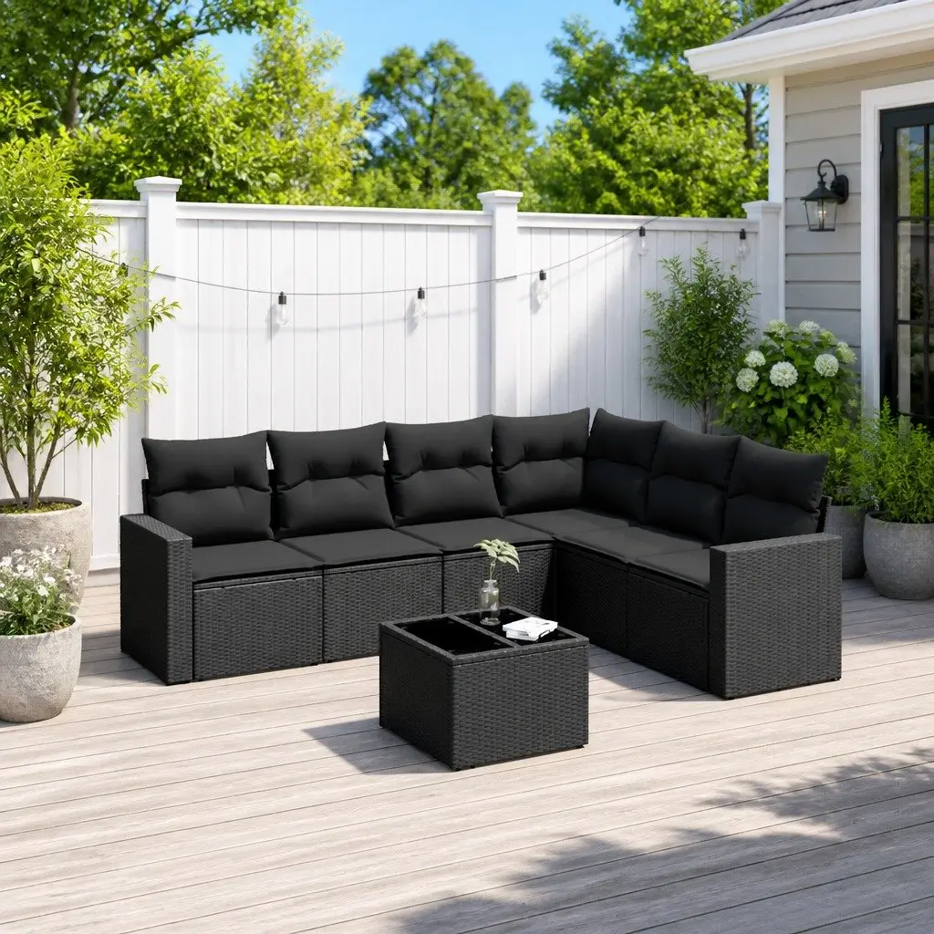 7 Piece Outdoor Garden Sofa Set for Patio Black PE Rattan with Cushions