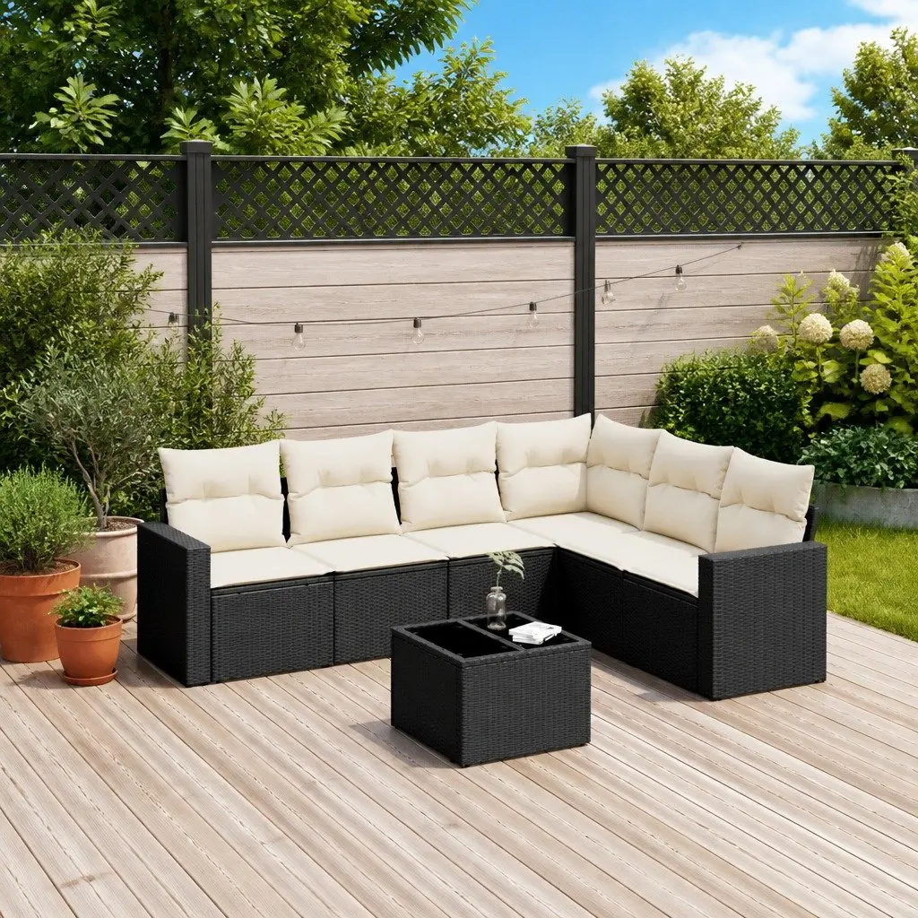 7 Piece Garden Sofa Set Outdoor Patio Furniture Black Poly Rattan