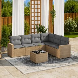 7 Piece Garden Sofa Set Outdoor Patio Furniture with Cushions Beige Rattan
