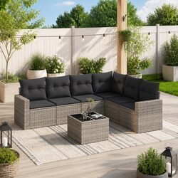 Garden Sofa Set: 7 Pieces, Grey, Poly Rattan Construction
