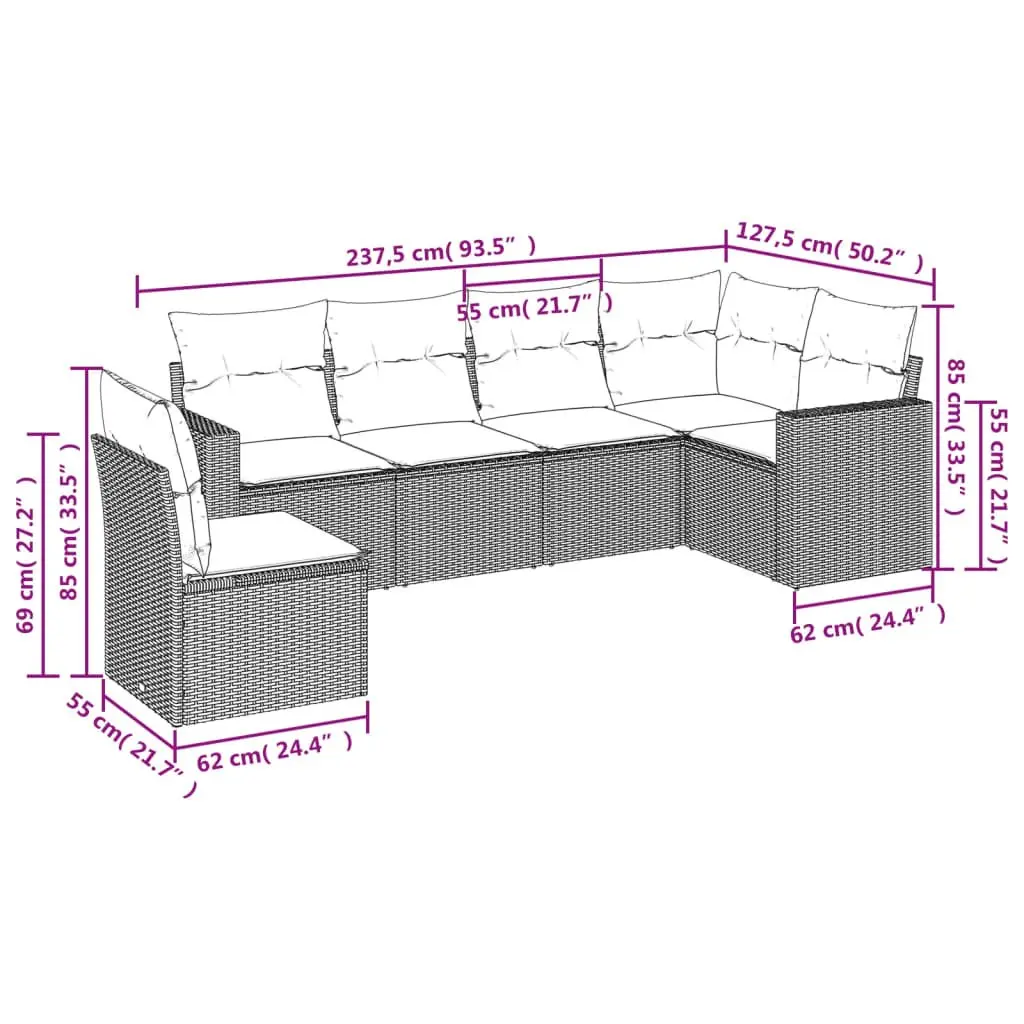 6 Piece Black Outdoor Patio Sofa Set