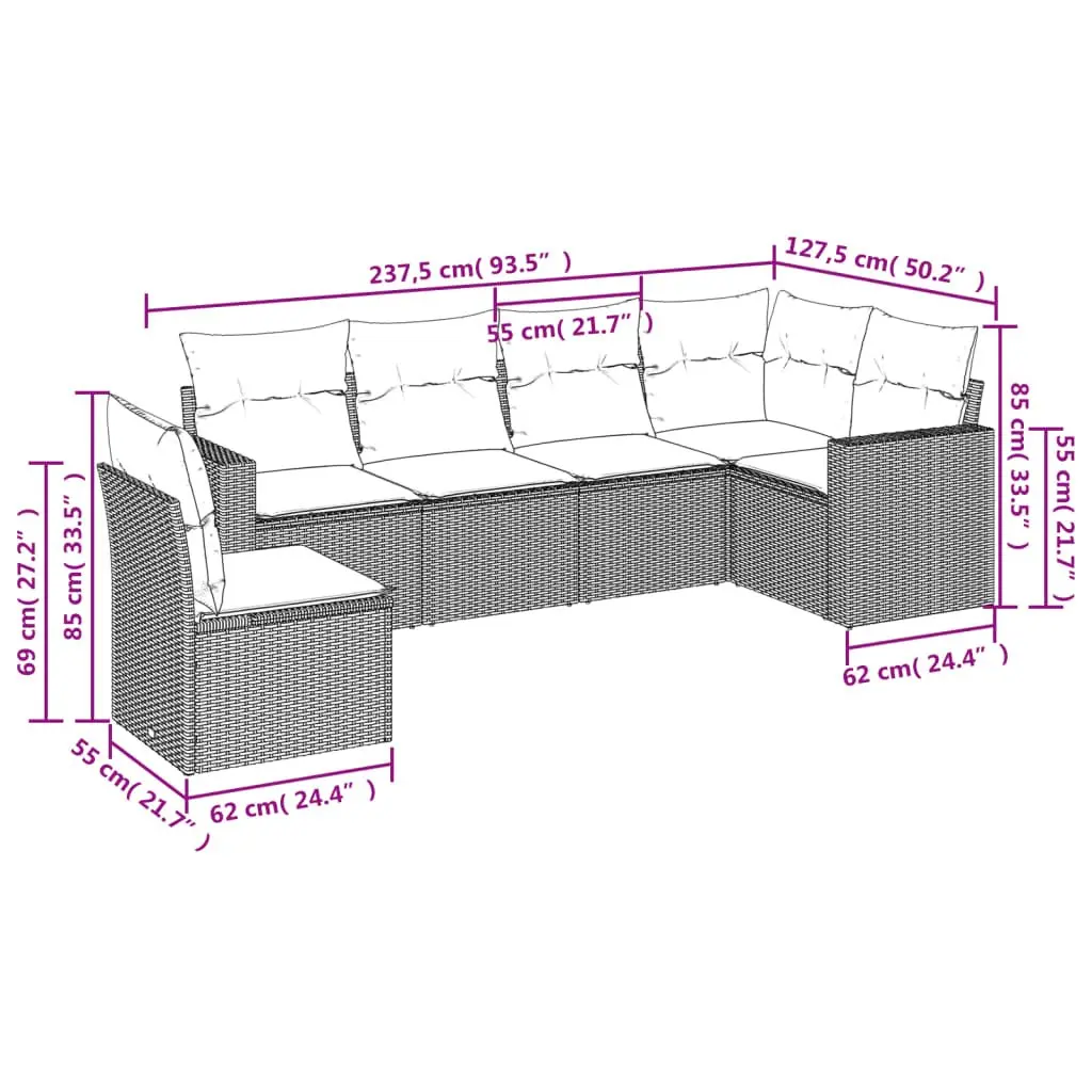Garden Sofa Set 6 Piece Outdoor Furniture Grey Poly Rattan Modular Patio Lounge