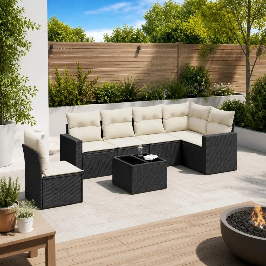 7 Piece Outdoor Garden Sofa Set with Cushions Black Poly Rattan Furniture Patio