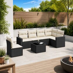 7 Piece Outdoor Garden Sofa Set with Cushions Black Poly Rattan Furniture Patio