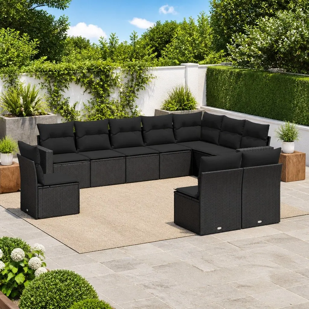 10 Piece Modular Outdoor Sofa Set with Cushions for Garden Patio Terrace in Black Poly Rattan