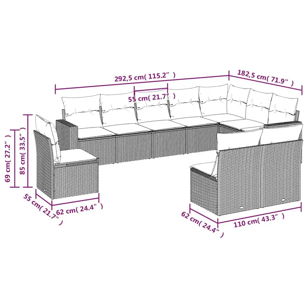 10 Piece Modular Outdoor Sofa Set with Cushions for Garden Patio Terrace in Black Poly Rattan