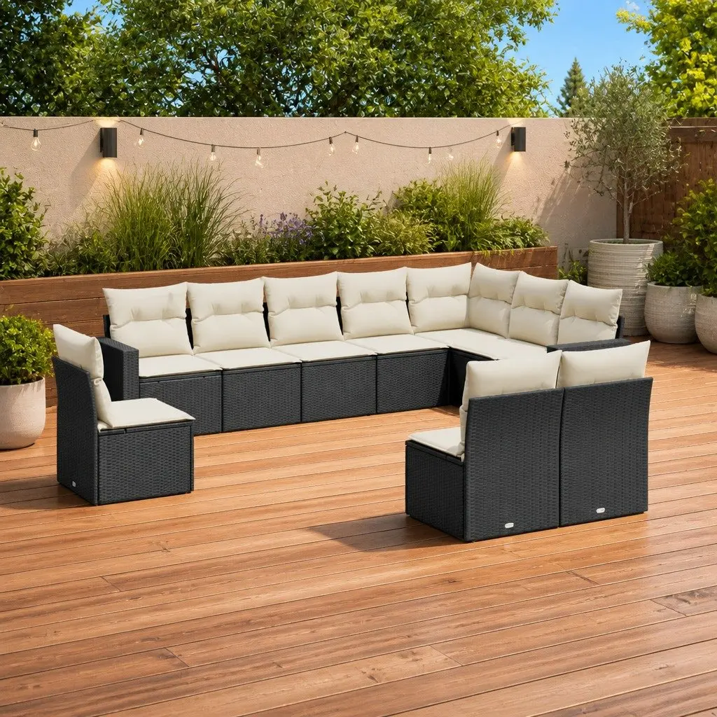 10 Piece Outdoor Garden Sofa Set for Patio Black Poly Rattan with Cushions