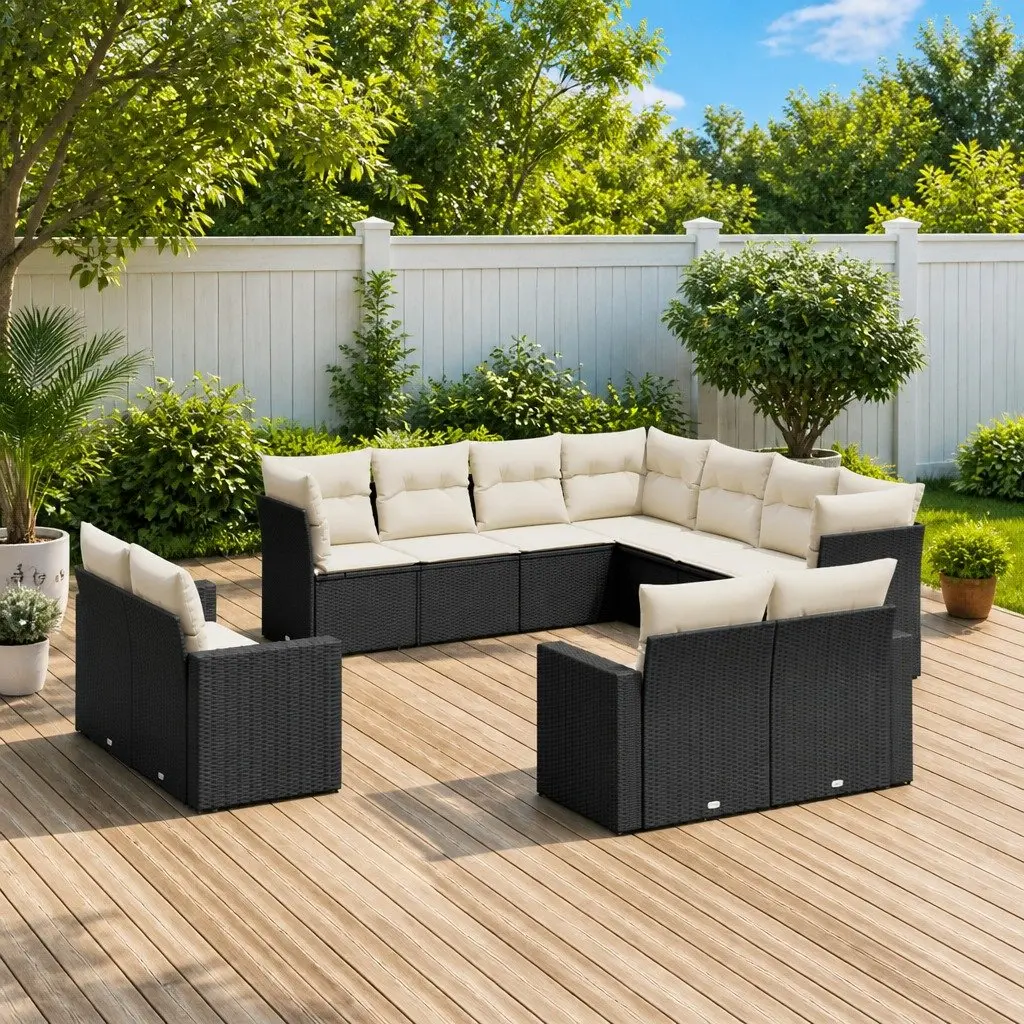 11 Piece Garden Sofa Set Outdoor Living Black Poly Rattan with Cushions