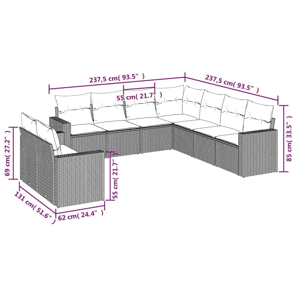 9 Piece Modular Outdoor Sofa Set Patio Furniture Black PE Rattan