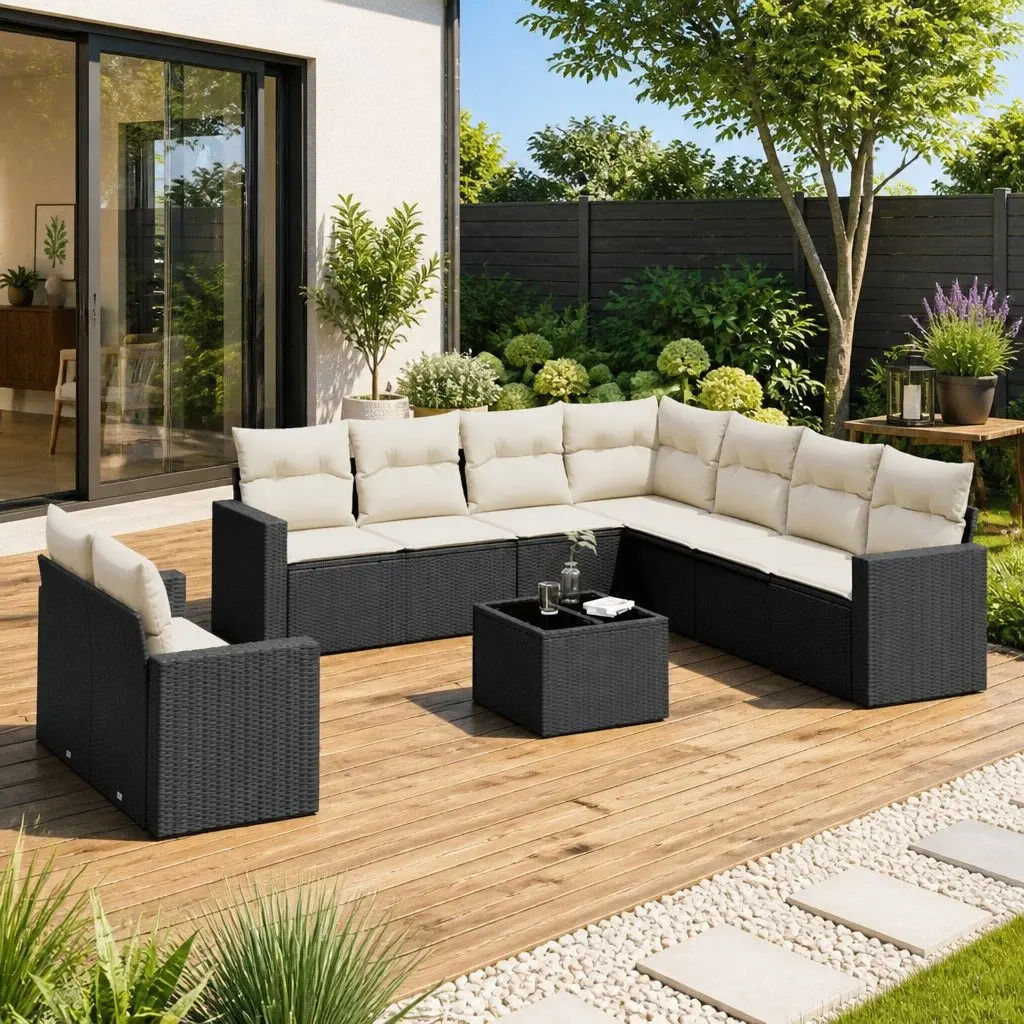 Modular Patio Furniture Set for Outdoor Use Black Poly Rattan 10 Piece Arrangement with Cushions and Tempered Glass Table