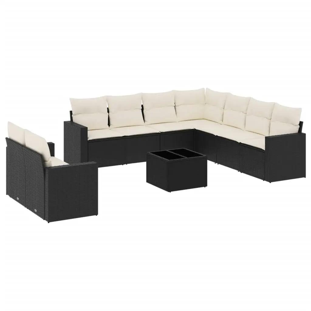 Modular Patio Furniture Set for Outdoor Use Black Poly Rattan 10 Piece Arrangement with Cushions and Tempered Glass Table