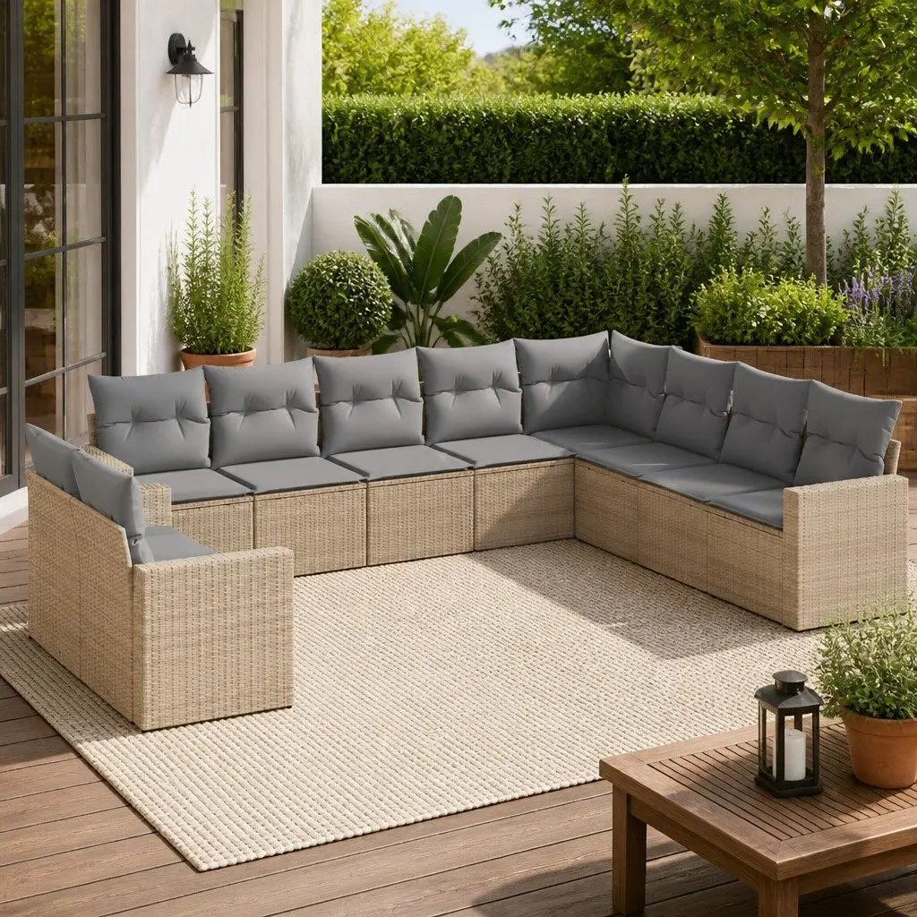 10 Piece Modular Outdoor Sofa Set for Garden Patio Beige Poly Rattan with Cushions