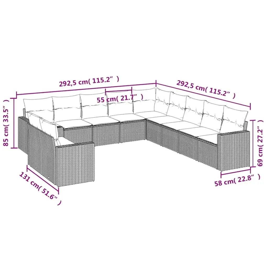 Garden Sofa Set 11 Piece Outdoor Furniture Black Poly Rattan Modular Cushions