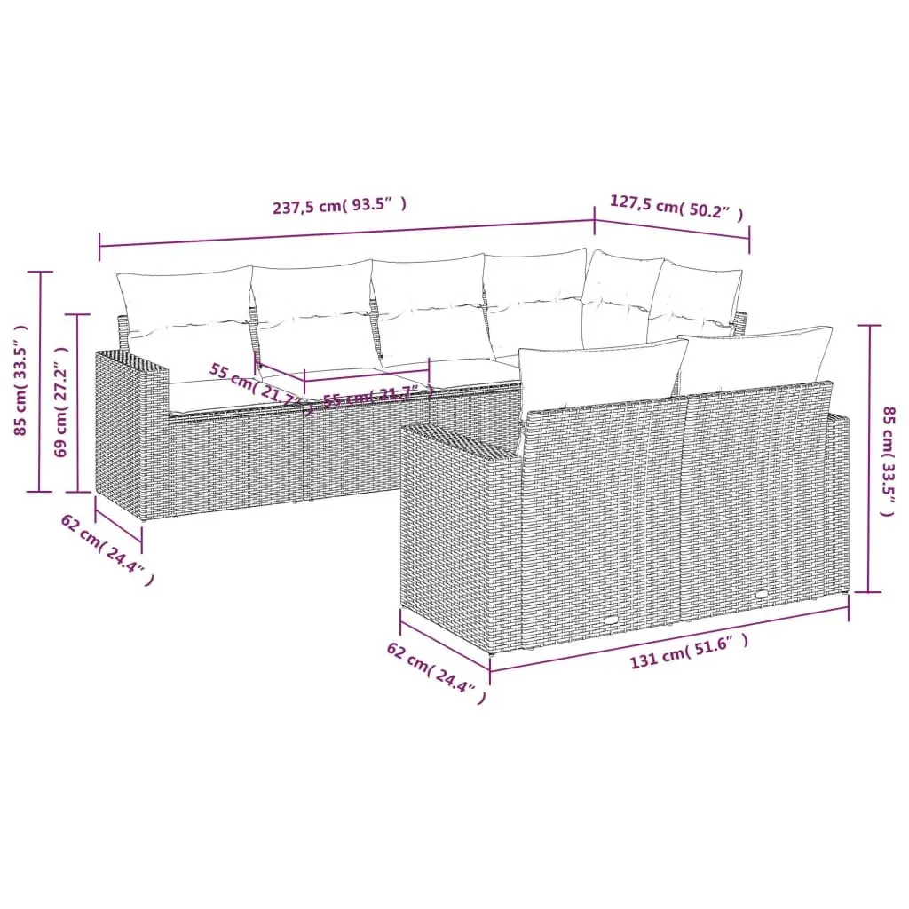 7 Piece Outdoor Garden Sofa Set with Cushions Grey Poly Rattan Modular Patio
