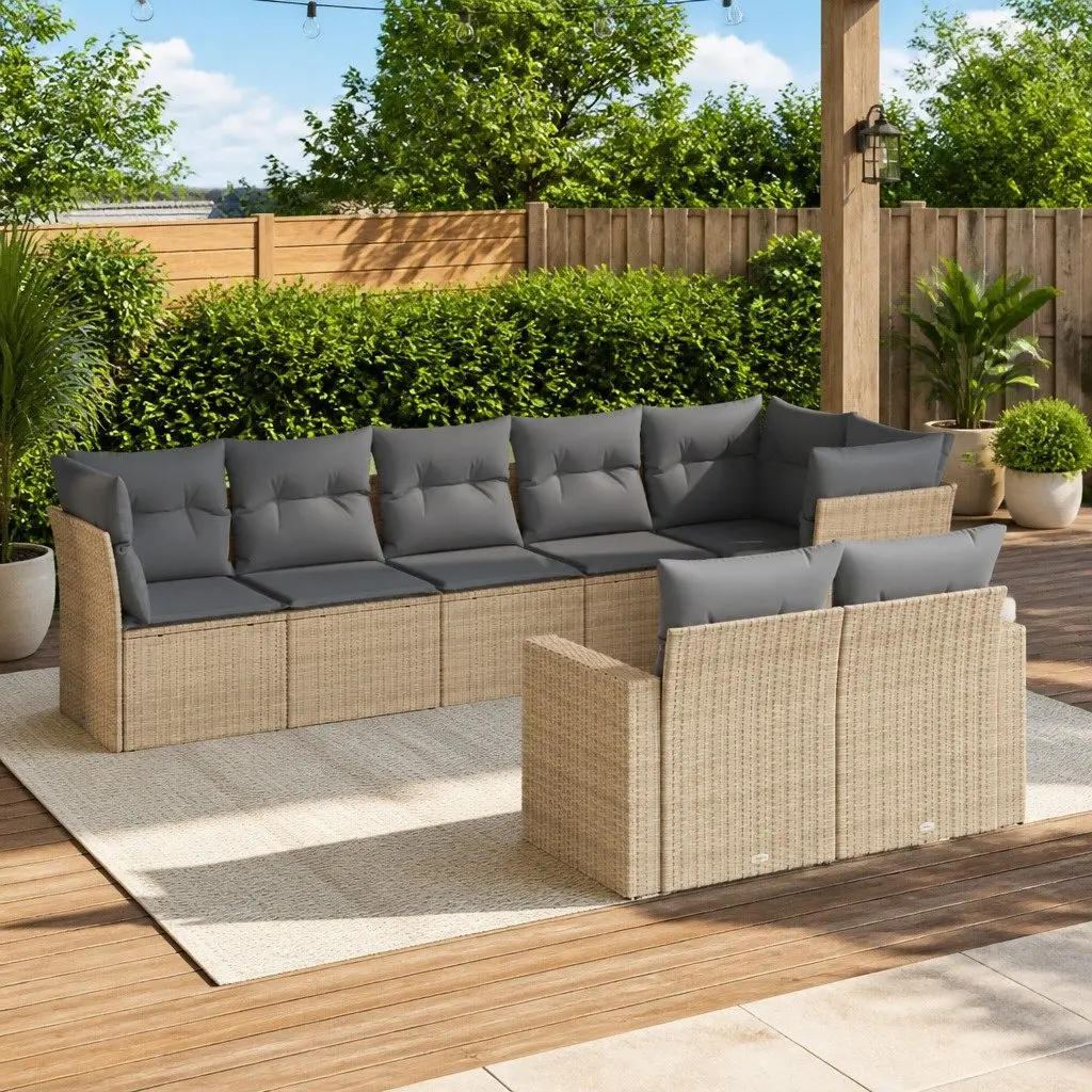 8 Piece Garden Sofa Set Outdoor Use Beige Poly Rattan Cushions