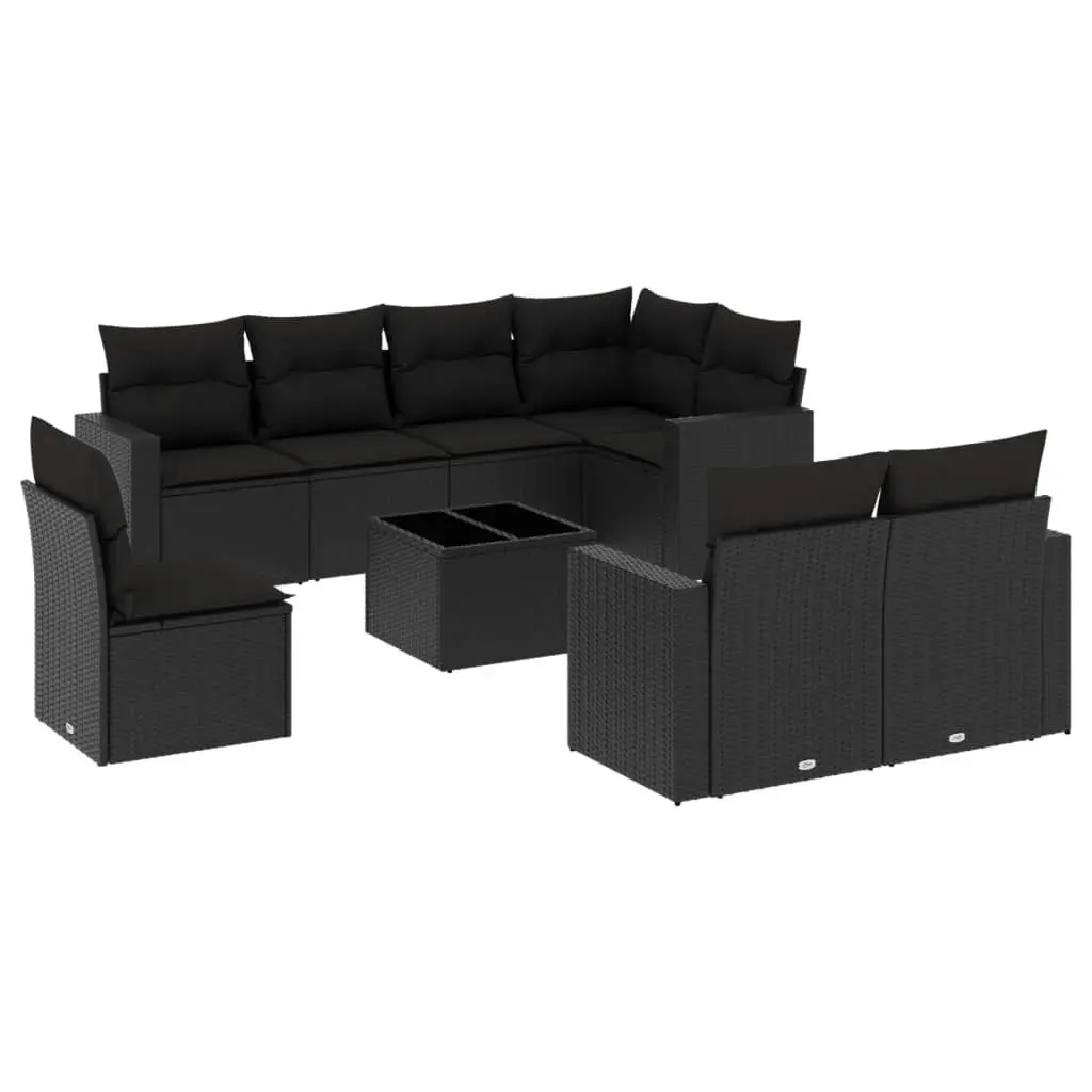 9 Piece Outdoor Garden Sofa Set for Patio Black Poly Rattan with Cushions