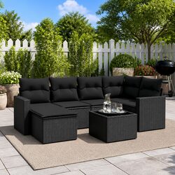 7 Piece Outdoor Garden Sofa Set with Cushions Black Poly Rattan Patio Furniture